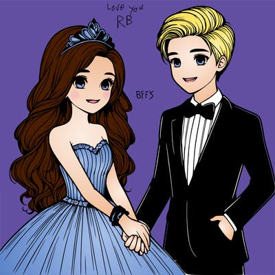 a realistic teenaged girl with long hair with a long ball gown dress and tiara holding hands with teenaged boy with a tuxedo smiling at each other