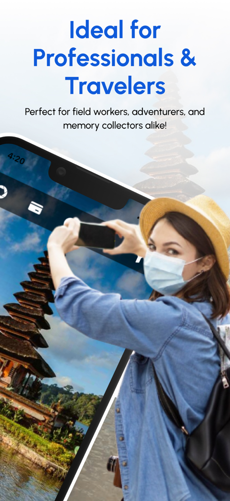 GPS Map Camera & Video Capture - A traveler taking a photo of a temple using the GPS Map Camera app intended for professionals and adventurers.