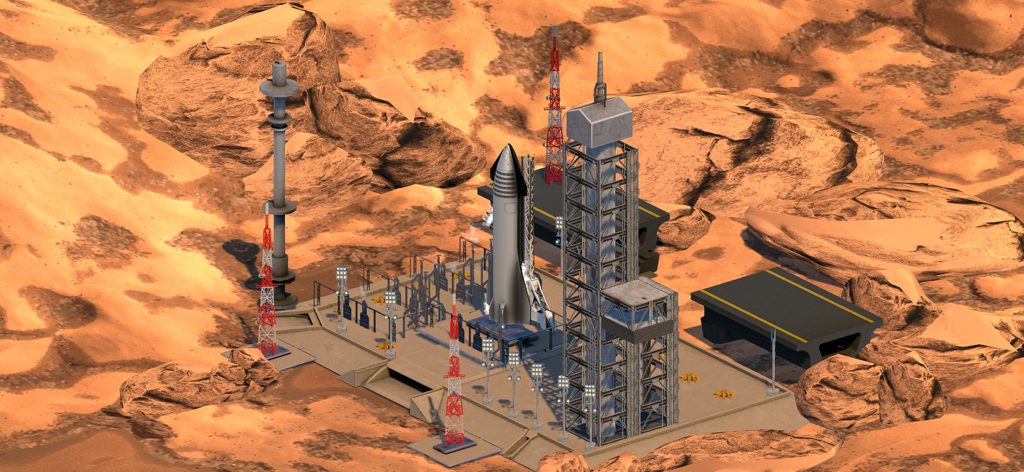 Space Simulator - Una rampa di lancio di razzi dettagliata su un pianeta roccioso rosso in Space Simulator.