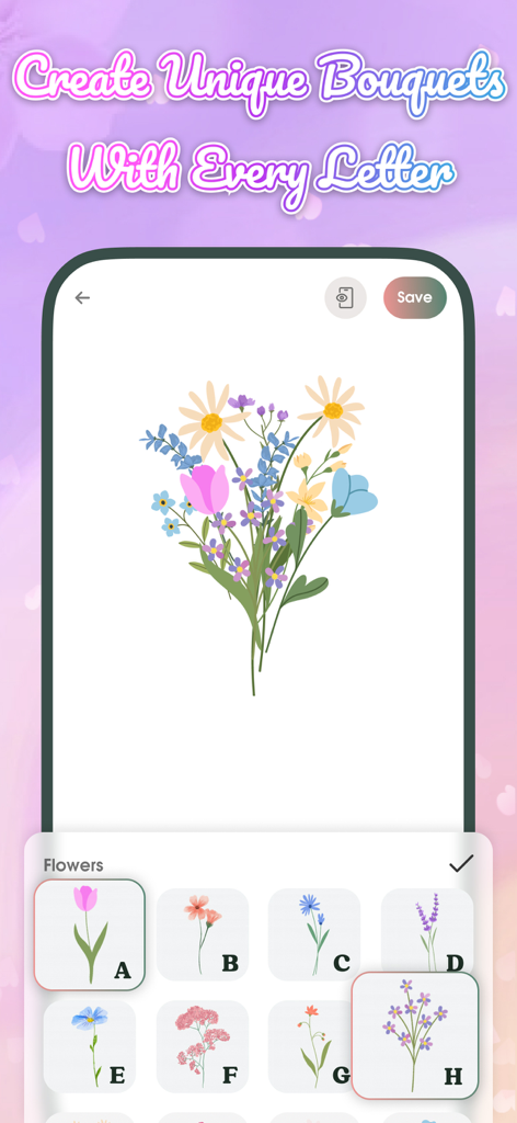 Interface do aplicativo móvel mostrando um buquê colorido sendo projetado pela seleção de flores correspondentes às letras do alfabeto