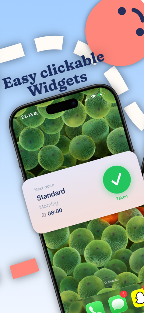 Pilla - Pill Reminder & Meds - Écran d'accueil d'un smartphone affichant un widget de rappel de médicaments avec un bouton de coche en un clic