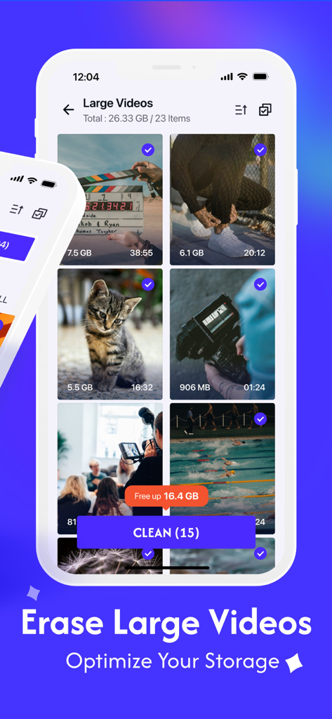 Cleaner Mate Pro-Storage Boost - Interface of Cleaner Mate Pro app showing the Erase Large Videos feature to optimize phone storage