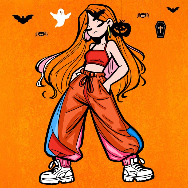 girl in baggy pants crop top and long hair