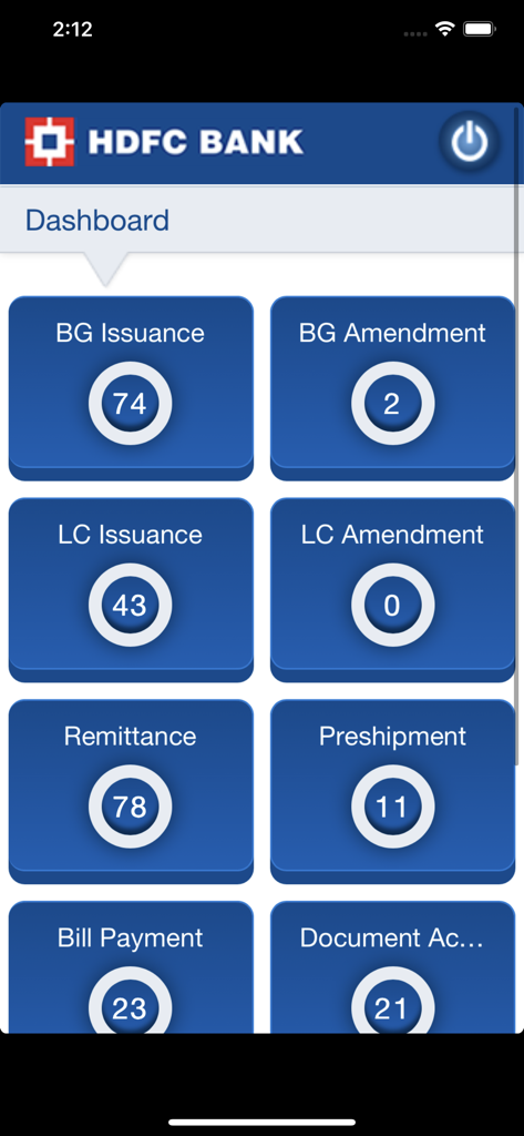 HDFC Bank Trade Finance mobile app dashboard displaying counts for BG issuance, LC issuance, and remittances.