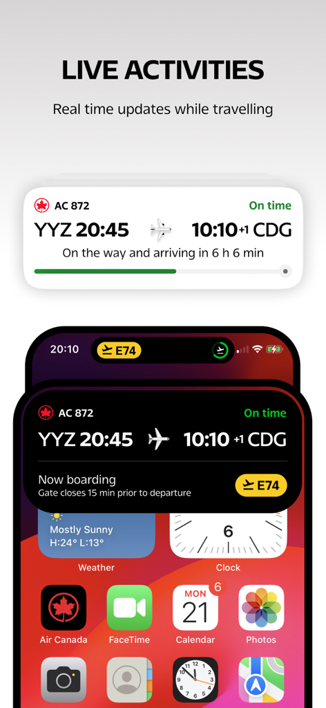 Air Canada + Aeroplan - iPhoneのリアルタイムフライト追跡機能付きライブアクティビティを示すAir Canadaアプリ