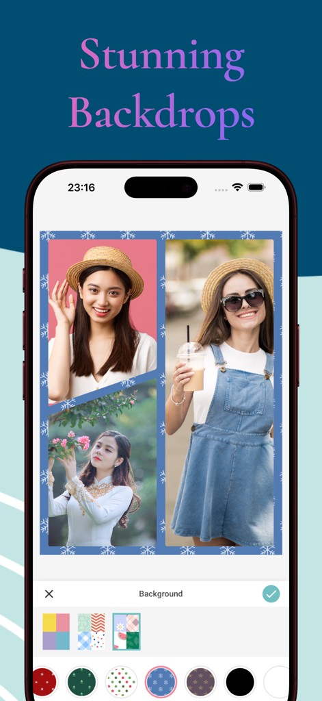 Pic Collage: AI Layout Maker - Pic Collage app screen showing the Stunning Backdrops feature with various patterns for a photo collage.
