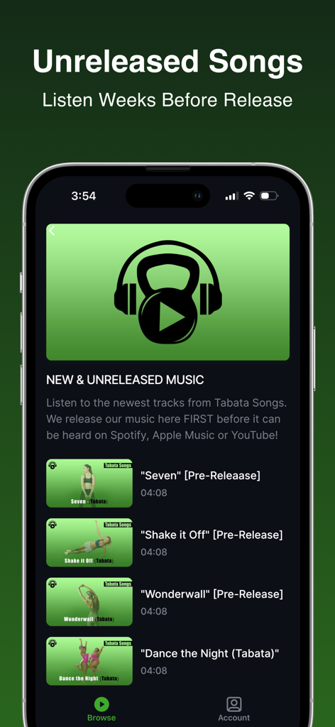 Tabata Songs Plus - Screenshot of the Tabata Songs Plus app showing a list of new and unreleased HIIT music tracks for workouts.
