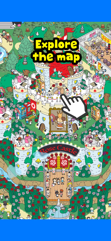 A colorful 2D illustration of Rose Castle in the Happy Find hidden object game