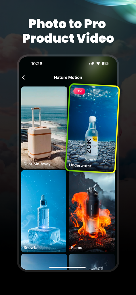PixelSell-AI E-commerce Studio - Mobile app interface showing AI motion templates to transform product photos into professional videos
