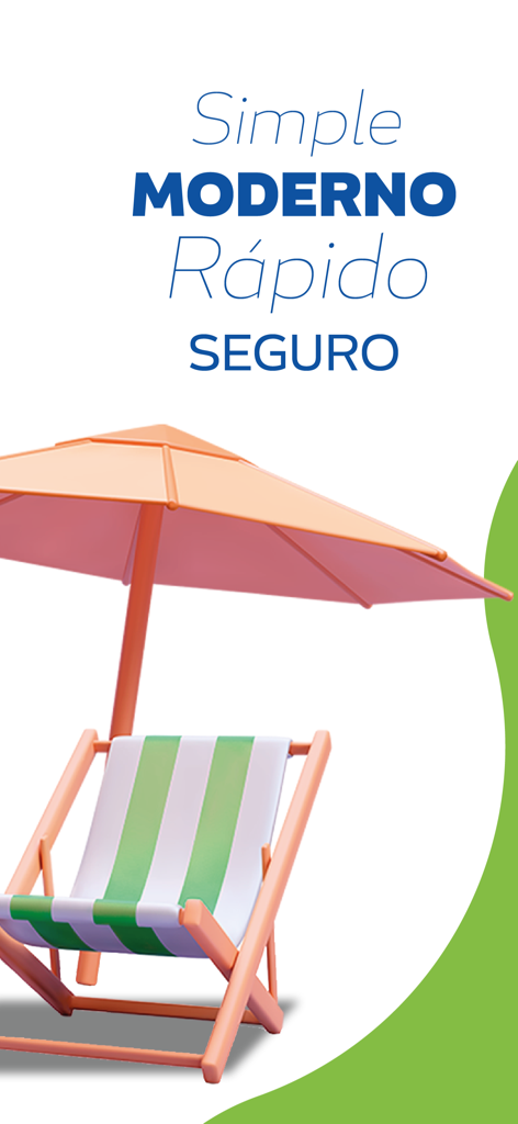 Mis Cuentas Bolivia - Illustrazione di una sedia e ombrellone da spiaggia con testo che afferma che l'app è semplice, moderna, veloce e sicura