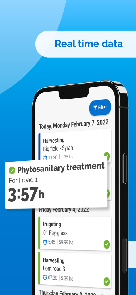 Agroptima - iPhone exibindo dados de atividade agrícola em tempo real e rastreamento de tarefas no aplicativo Agroptima