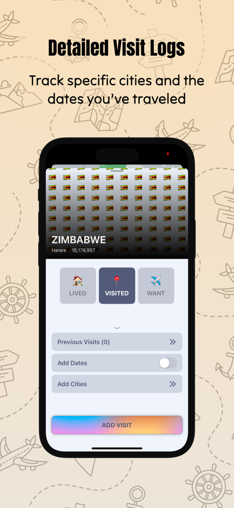 World Map: Visited Countries - Interfaccia che mostra registri di visita dettagliati per tracciare città e date specifiche nell'app Mappa del Mondo.