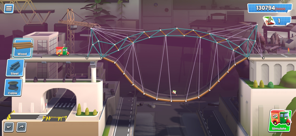 Bridge Constructor Studio - Ein 3D-Brückenkonstruktionsrätsel mit einem komplexen Kabeldesign in einer städtischen Umgebung