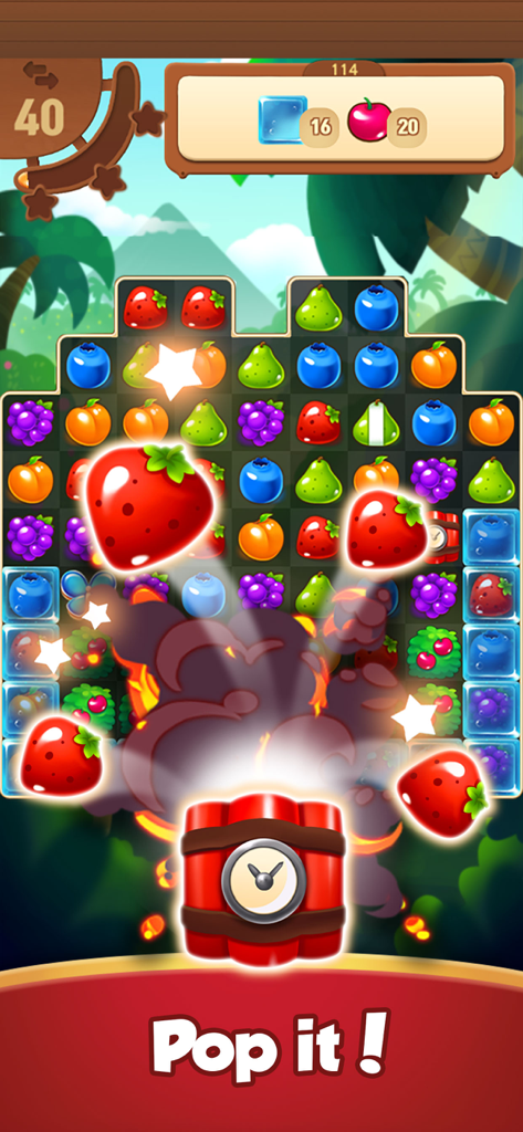 Fruits Master : Match 3 Puzzle - A vibrant match 3 puzzle game board featuring various fruit icons and a dynamite booster explosion