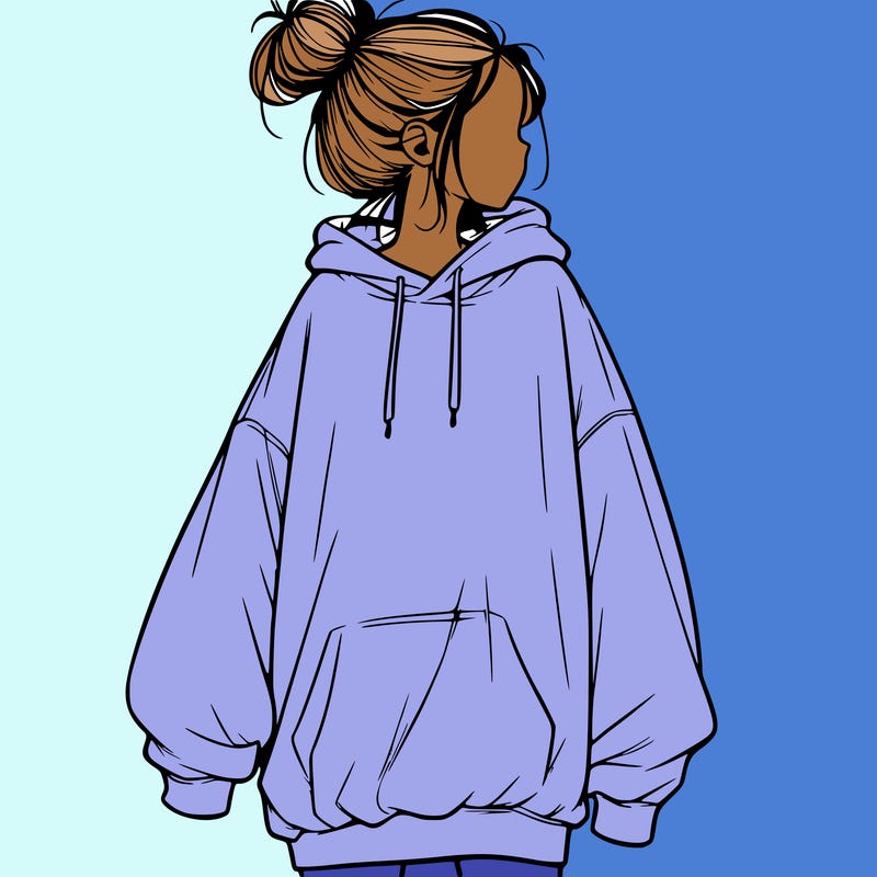 realistic girl with a oversized sweatshirt on and a bun