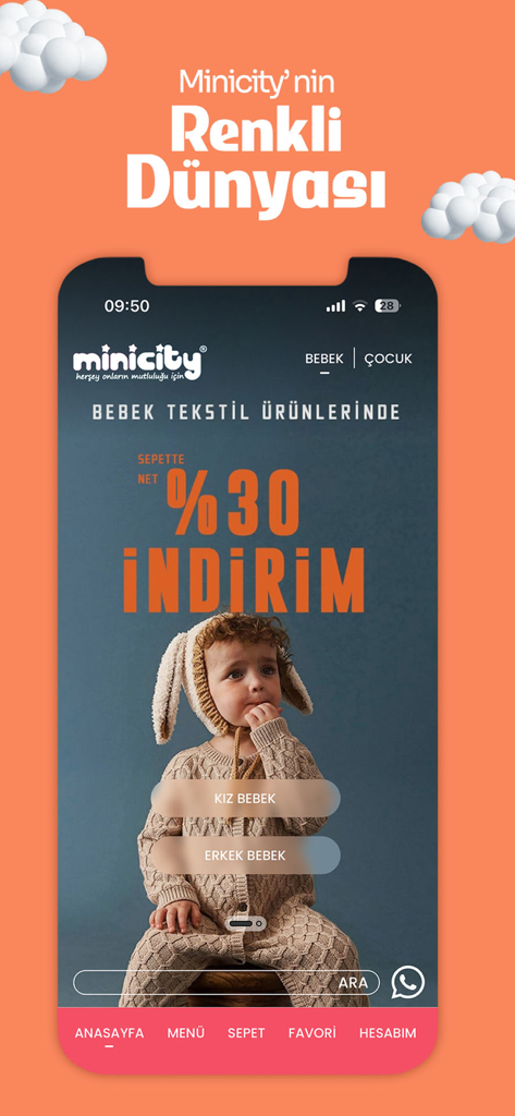 Minicity - Écran promotionnel de l'application Minicity offrant une réduction de 30 % sur les produits textiles pour bébés