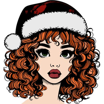 realistic girl with a santa hat curly hair and lips
