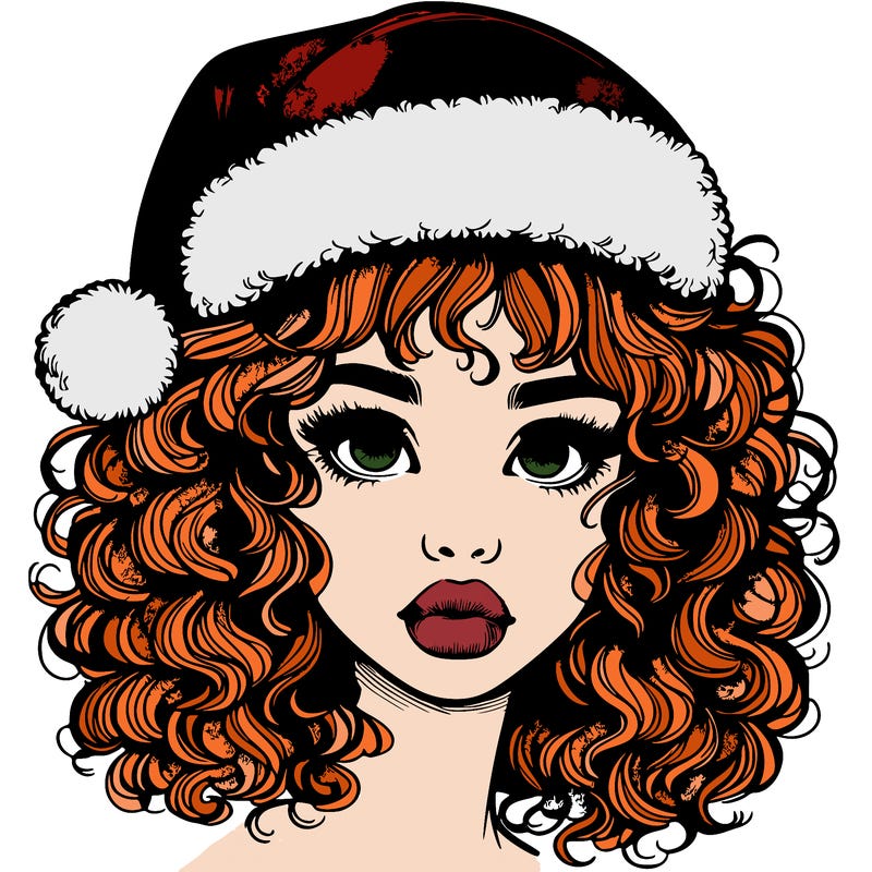 realistic girl with a santa hat curly hair and lips
