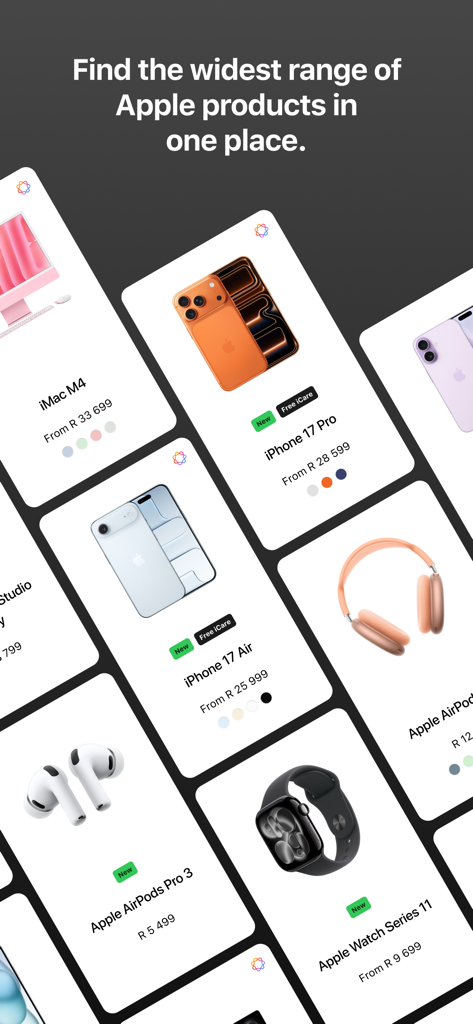 A display of various Apple products including iPhones, Apple Watch, and iMac in the iStore South Africa app catalog.