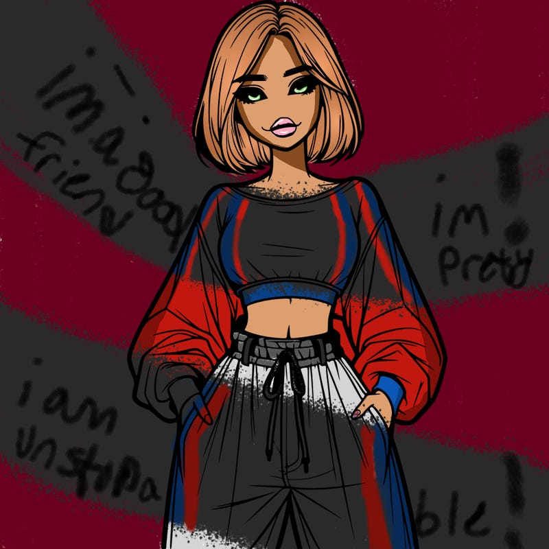 realistic girl with baggy pants and a crop top