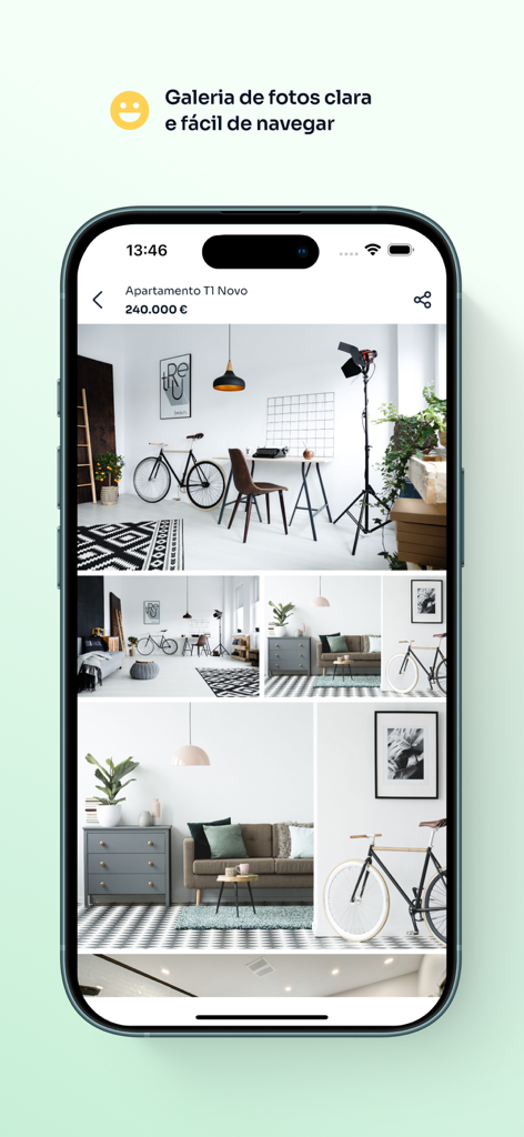 La aplicación Imovirtual muestra una galería de fotos limpia y fácil de navegar para un listado de apartamentos modernos en Portugal