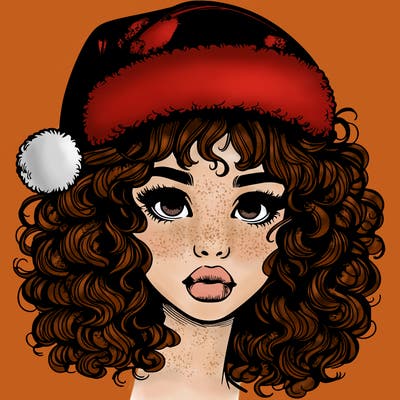 realistic girl with a santa hat curly hair and lips