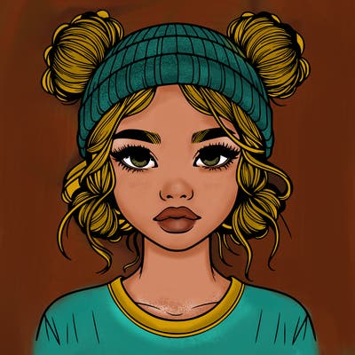 realistic girl with buns in her hair with a beanie on