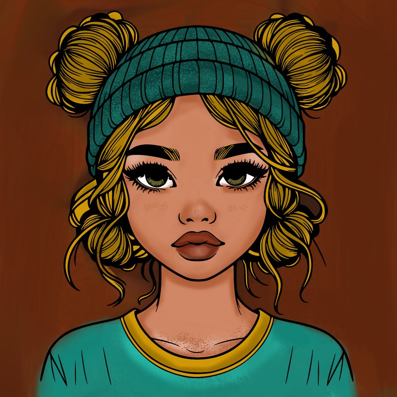 realistic girl with buns in her hair with a beanie on