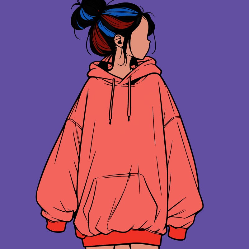 realistic girl with a oversized sweatshirt on and a bun