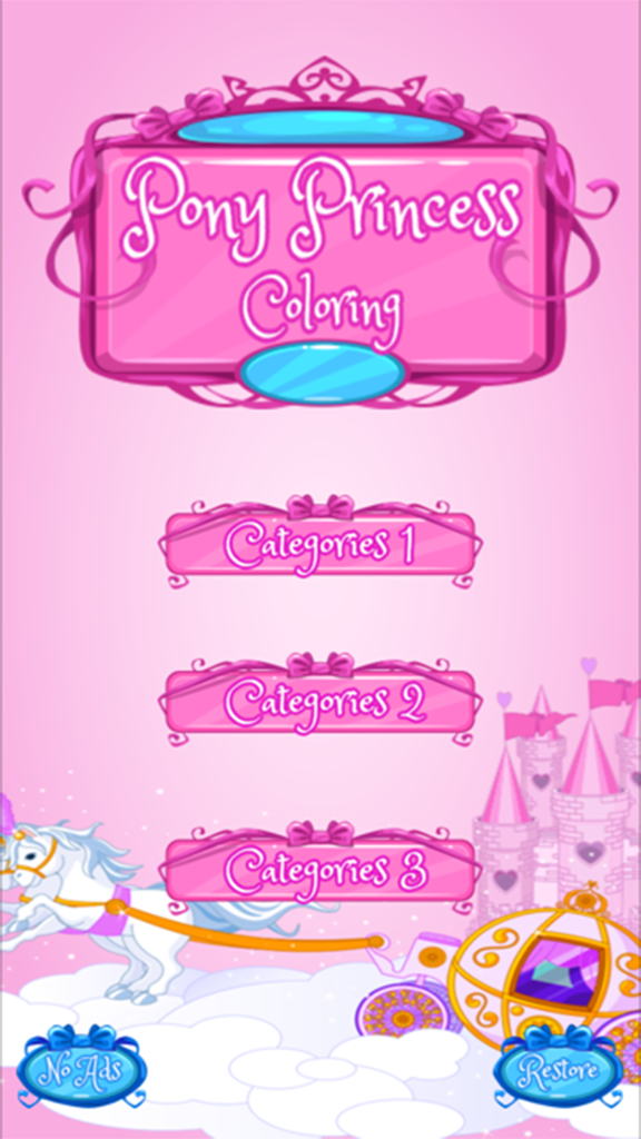 Princess Coloring Book Draw Paint for Kids & Adult - Menú principal de la aplicación Pony Princess Coloring con botones de selección de categoría y un tema de castillo rosa