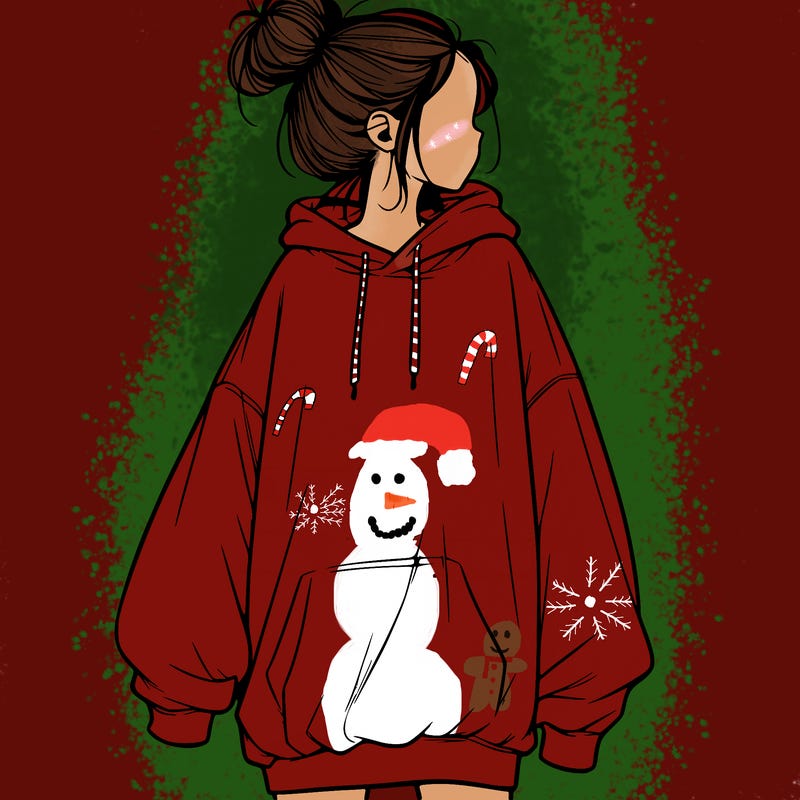 realistic girl with a oversized sweatshirt on and a bun