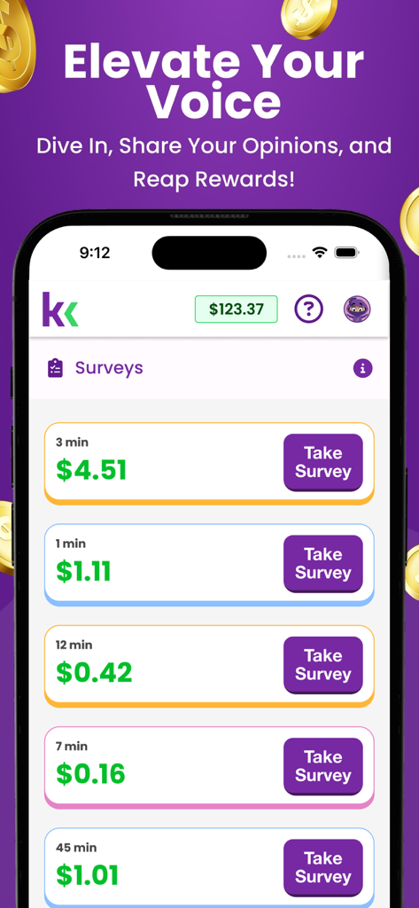KashKick mobile app interface showing a list of surveys with real cash rewards and durations.