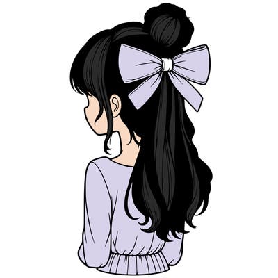 realistic girl  with hip length hair a bun and a big bow on the back of head