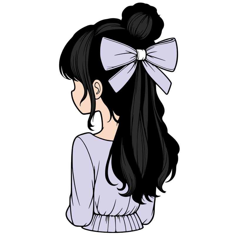 realistic girl  with hip length hair a bun and a big bow on the back of head