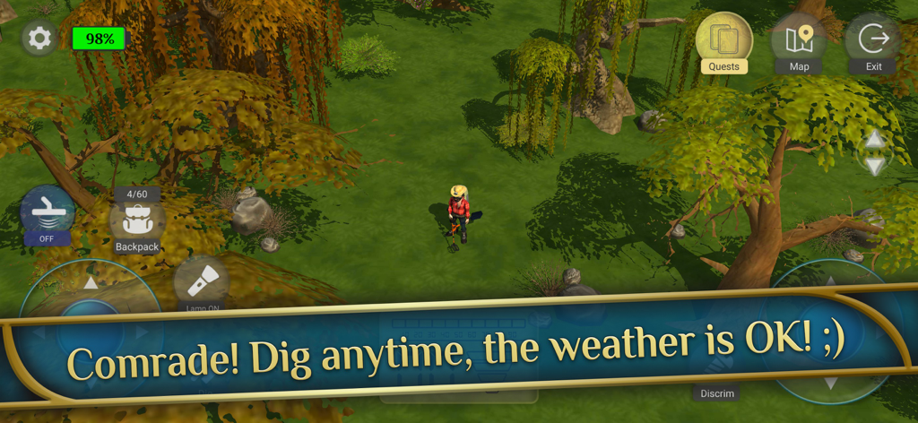 Treasure Hunter World - A character using a metal detector in a forest environment in Treasure Hunter World