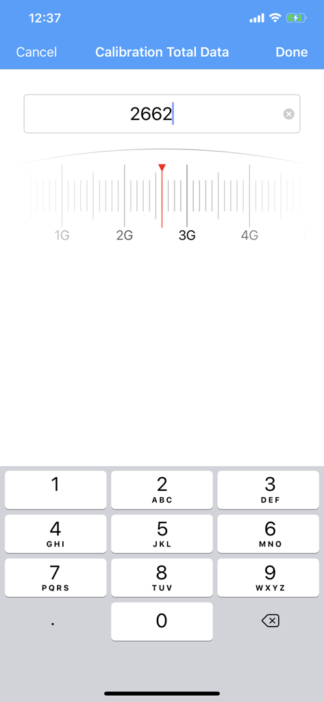 Pantalla de calibración de la aplicación My Data Usage Widget Pro mostrando la entrada manual de datos con un teclado numérico y una escala deslizante de GB.