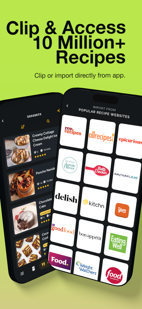 Grocery AI - Screenshot of Grocery AI app showing a list of saved recipes and a menu for importing recipes from popular websites like Allrecipes and Food Network.