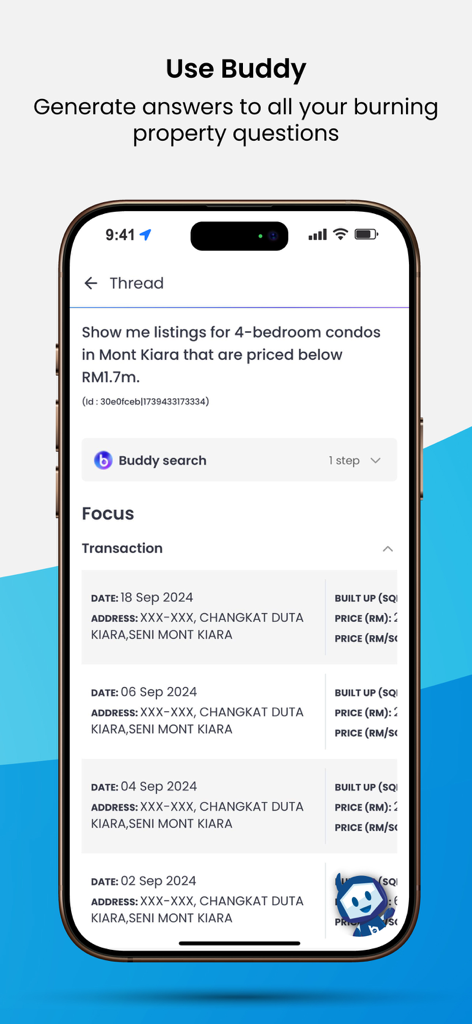 EdgeProp Malaysia - EdgeProp Malaysia app displaying the Buddy AI assistant providing property search results and transaction data