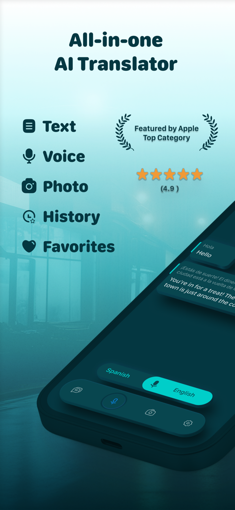 Hey Translator app interface showcasing all in one AI translation features for text voice and photo with high user ratings
