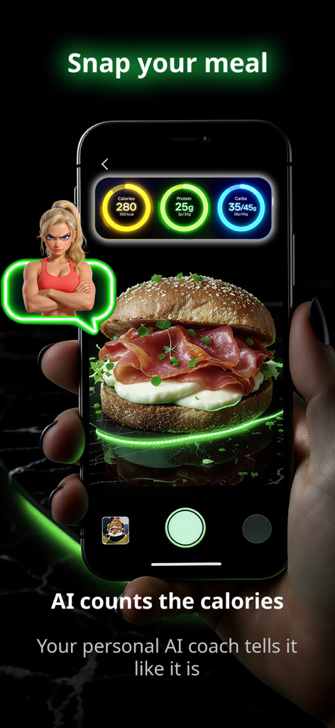 Kaloria - AI Calorie Tracker - Kaloria AI app interface analyzing a burger photo to display calories and macros with an AI fitness coach.