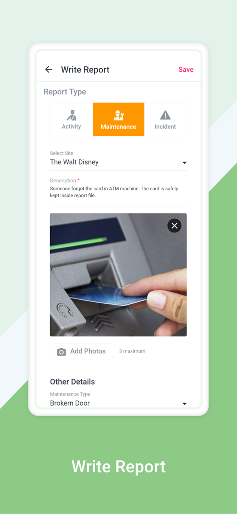 Novagems StaffApp - Novagems StaffApp digital report interface for security guards including maintenance and incident reporting with photo evidence