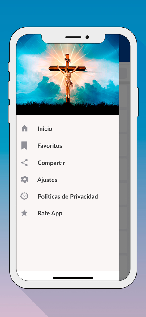Side menu of the Santa Biblia TLA app featuring navigation options in Spanish and a religious header of Jesus on the cross.