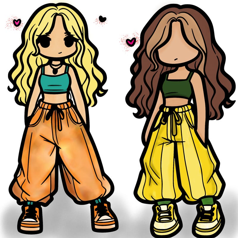 girl in baggy pants crop top and long hair