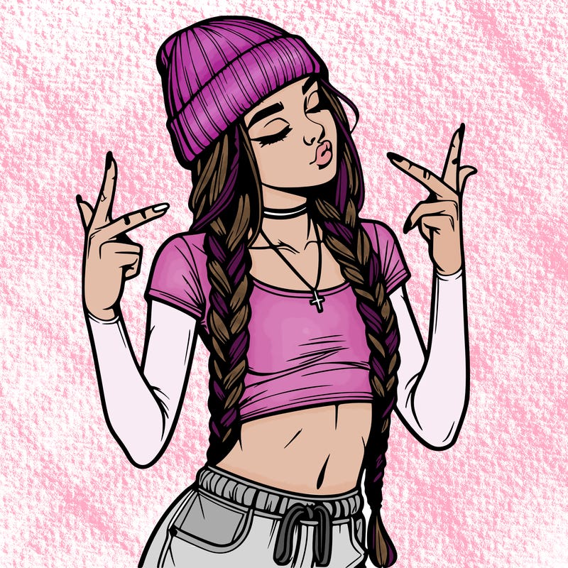 realistic teenage girl with braids and a beanie and crop top doing 🫶🏼