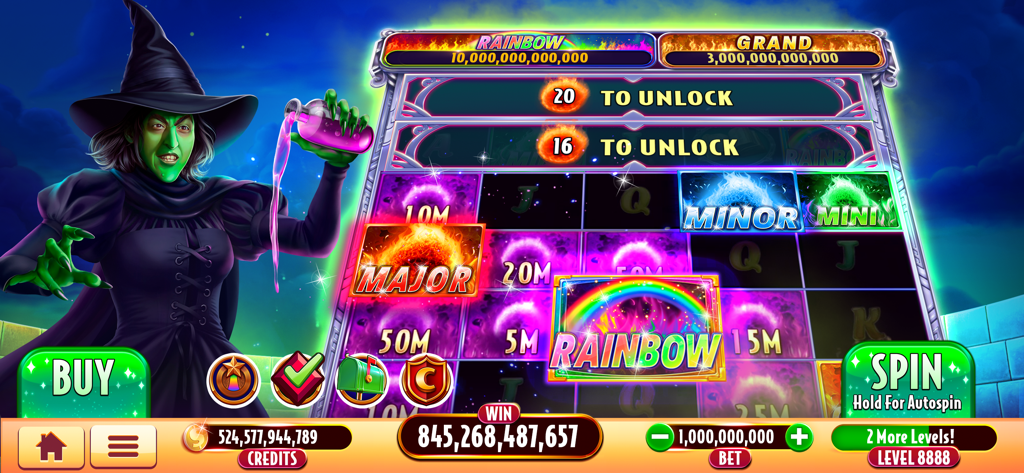 Wizard of Oz Slots Games - Captura de pantalla del juego de El Mago de Oz Slots mostrando a la Bruja Malvada y una gran ganancia de jackpot arcoíris