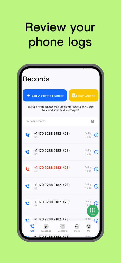 Skycaller:Unlimited Call&Text - Skycaller app interface showing recent phone call logs and options to get a private number or buy credits