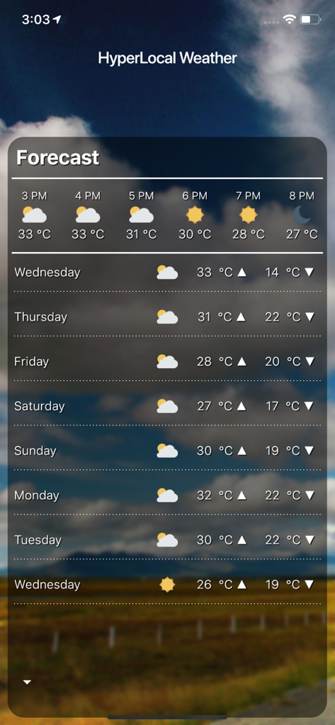 Hyper Local Weather - Hyper Local Weather app displaying a detailed 7 day and hourly weather forecast over a scenic background