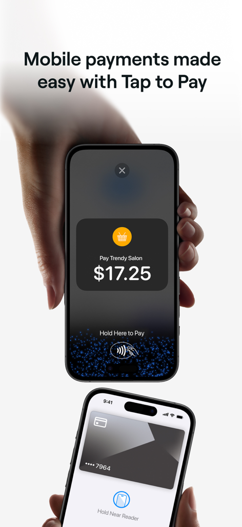 Two iPhones demonstrating contactless mobile payments with Tap to Pay for a salon service