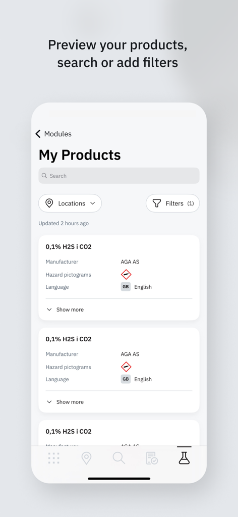 Chemical Manager - A screenshot of the Chemical Manager app showing a list of chemical products with hazard pictograms and search filters.