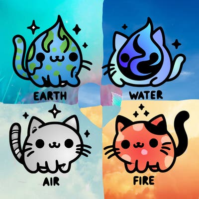 4 cats that represent the different elements, earth, water, air, and fire